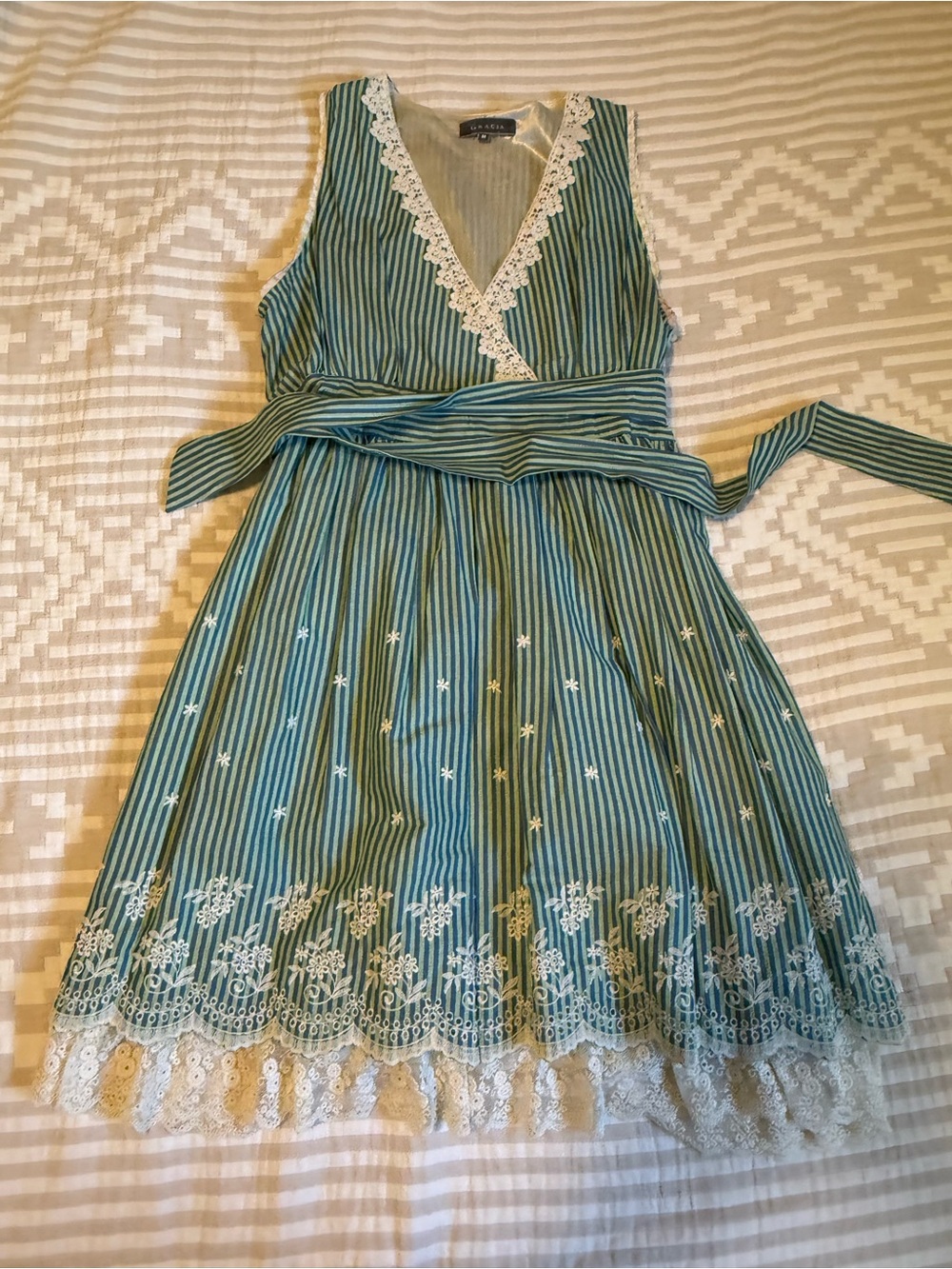 Blue-Green Striped Lace Trim Dress